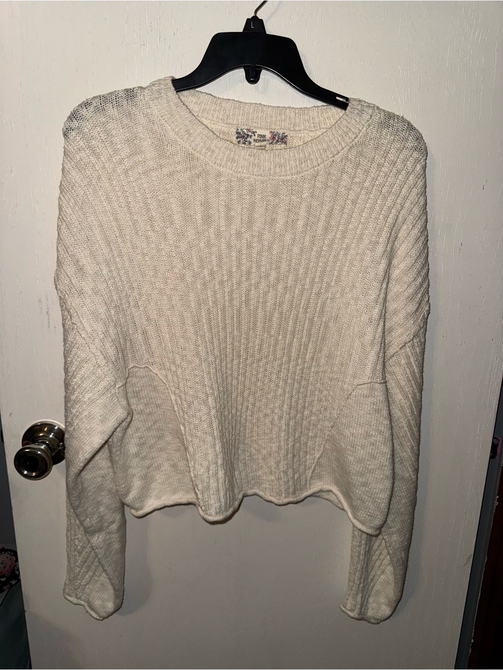 Pink Republic Cream Ribbed Crewneck Sweater